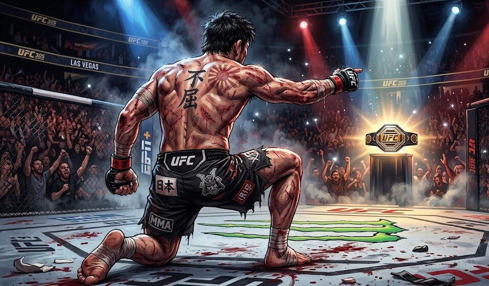 傷つきながらも、UFCのベルトを見据えて再び立ち上がろうとする不屈の日本人ファイターの背中を描いた、ドラマチックで熱いAI生成イラスト。