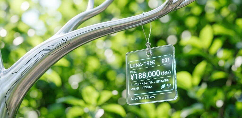近未来的なシルバーの樹木の枝に吊るされた、透明で洗練されたデジタルの値札タグ。背景には鮮やかな新緑がぼかして配置され、爽やかでクリアな印象を与えるマクロ撮影画像。