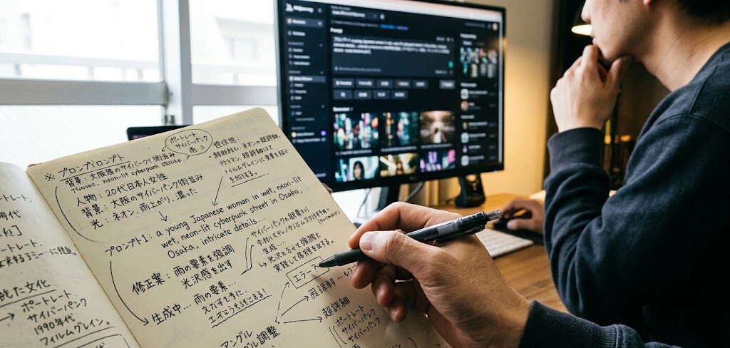 手元に置かれたノートに自分の手書きでプロンプトのアイデアがびっしりと書き込まれており、その奥でAIの画面と向き合いながら試行錯誤している臨場感のあるクローズアップ画像
