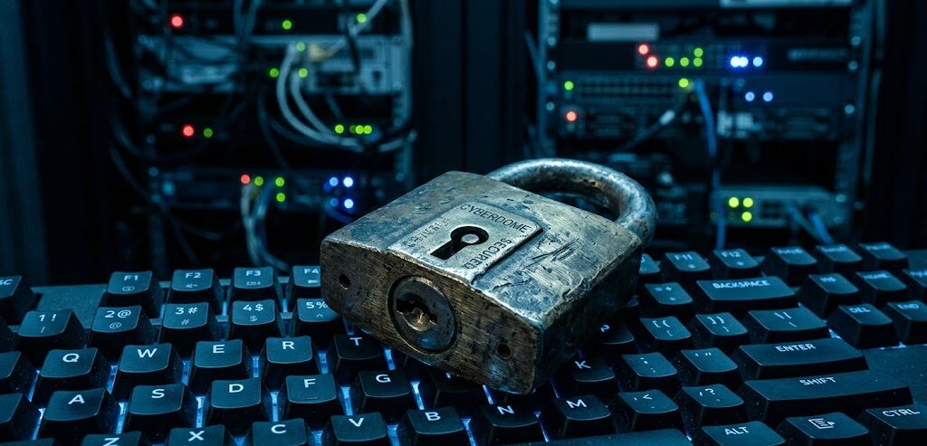 物理的な南京錠がデジタルのキーボードの上に重々しく置かれているマクロ撮影。背景は薄暗いブルーの照明で、サイバー犯罪や見えない罠を連想させる冷たいトーンの実写風画像。