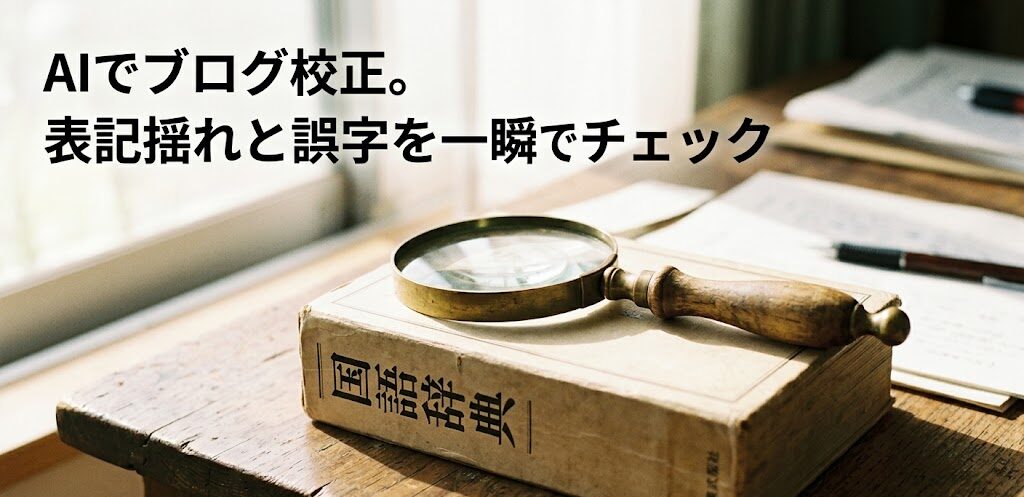 分厚い国語辞典の上に置かれたアンティークなルーペと、その横から差し込む柔らかい朝の光を捉えた実写画像