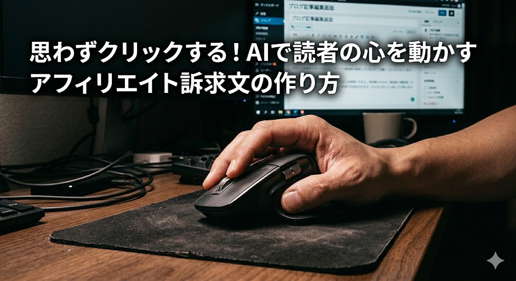 薄暗い部屋の中で、モニターの光に照らされた手元がマウスをクリックしようとしている瞬間のドラマチックなクローズアップ画像