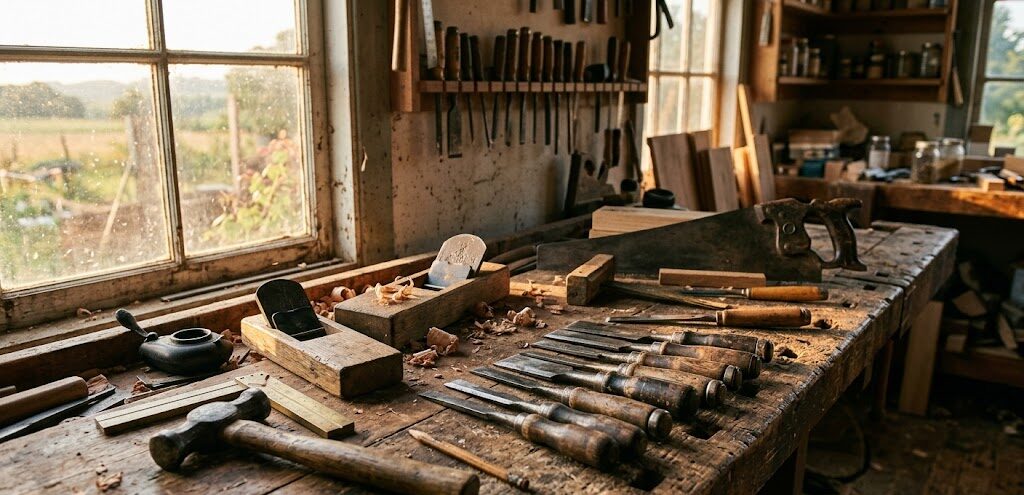 年季の入った木の作業台の上に、傷だらけのカンナやノミなどの大工道具が乱雑に置かれている。窓から差し込む暖かな西日が、道具に染み付いた職人の汗と歴史を静かに照らし出している実写風画像。
