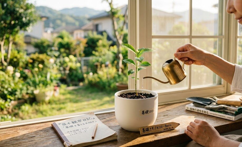 温かい陽光が差し込む窓辺で、真っ白な陶器の鉢に植えられた小さな緑の苗木に、丁寧な手つきで水が与えられている。いきなり大きな実を求めるのではなく、自分の適性を確かめながら基礎をしっかりと育てることの大切さを表現した実写風画像。