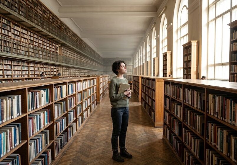 果てしなく続く巨大な図書館の本棚の前に、一冊のノートを手にした人物がぽつんと立ち尽くしている。差し込む光は明るいが、選択肢の多さと膨大な情報量に圧倒され、どこから歩き出せばいいのか迷っている心情を表現した実写風画像。