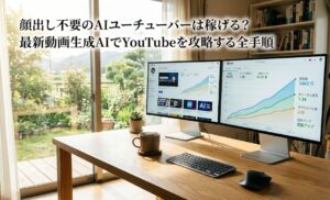 朝日が差し込む明るく開放的なワークスペース。広々とした木目のデスクの上に、最新のデュアルモニターと一杯の温かいコーヒーが置かれている。画面には右肩上がりの美しいグラフが映し出されており、最新のテクノロジーを駆使して自分だけの新しい道を切り拓く希望と創造性を感じさせる実写風画像