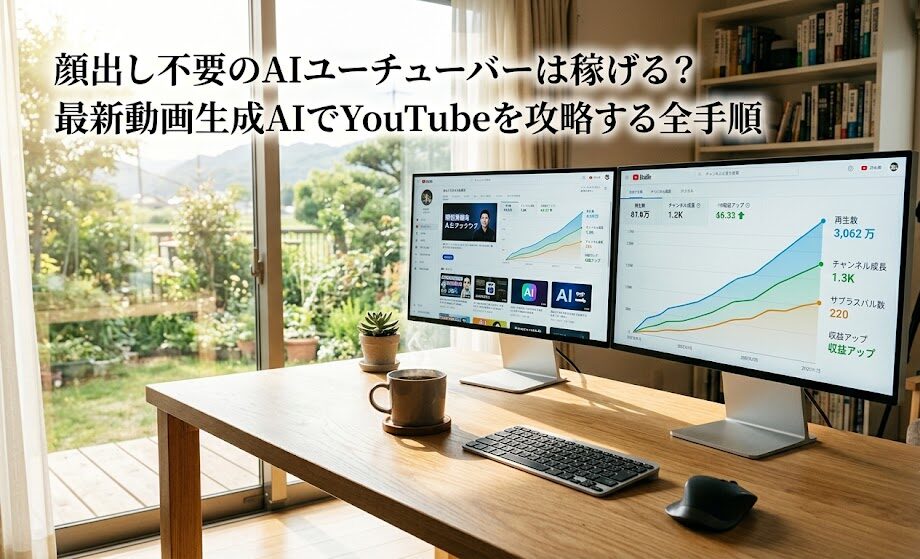 朝日が差し込む明るく開放的なワークスペース。広々とした木目のデスクの上に、最新のデュアルモニターと一杯の温かいコーヒーが置かれている。画面には右肩上がりの美しいグラフが映し出されており、最新のテクノロジーを駆使して自分だけの新しい道を切り拓く希望と創造性を感じさせる実写風画像