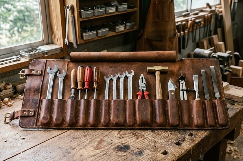 使い込まれた美しい革のツールバッグの中に、磨き上げられた様々な工具が整然と収められている。職人の誇りと、どんな課題にも対応できる確かな技術力を感じさせる静かで力強い実写風画像。
