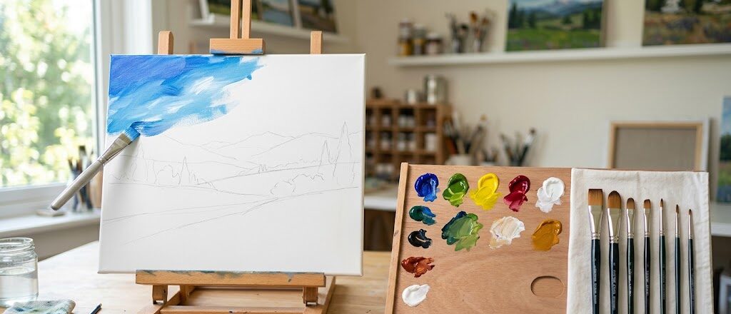 真っ白なキャンバスの上に、色鮮やかな絵の具で美しい風景が描かれようとしている。その横には、しっかりと手入れされたパレットと筆が整然と並べられ、自分自身の価値を正しく彩っていく強さと冷静さを表現した明るい実写風画像。