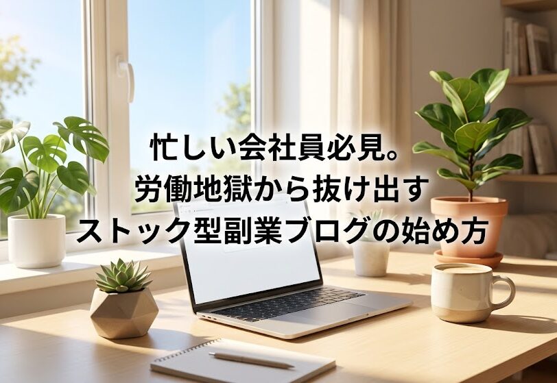 爽やかな朝日が差し込む清潔でモダンなデスク。お気に入りのコーヒーカップと観葉植物が置かれ、自分のペースで心地よく作業を進められる自由で前向きな空気感を表現した明るい実写風画像
