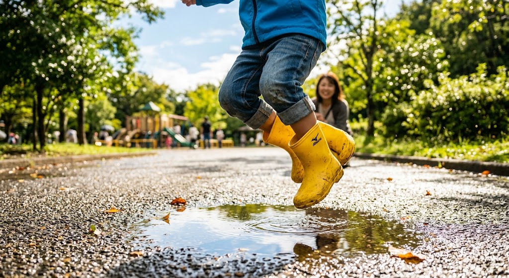 雨上がりの公園で、小さな水たまりを元気よくジャンプして飛び越えようとしている子供の足元。いきなり大きな川を渡ろうとして溺れるのではなく、安全で小さな挑戦から始めることの重要性を示す明るい実写風画像。