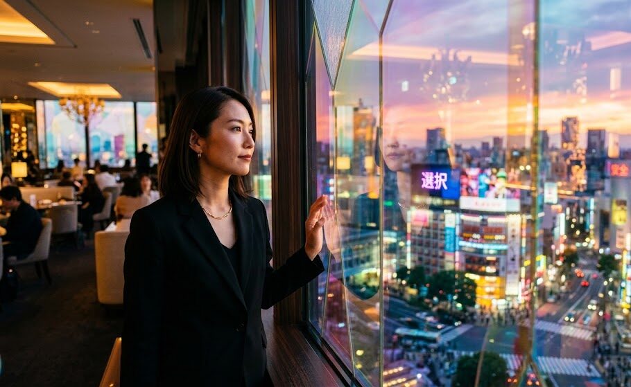 美しいガラスのフィルターを通して、色鮮やかな街の景色を冷静に観察している様子。甘い言葉の裏側に隠された真実を自分の目で見極め、安全な道を選択する強さと知性を表現した実写風画像。