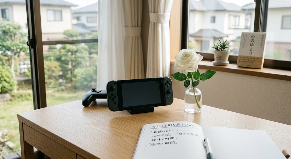 きれいに片付いたデスクの上に置かれた、電源の切れたゲーム機と一輪の白い花。楽しむための道具が義務に変わってしまう切なさと、本来のゆとりを取り戻す大切さを伝える、静かでさわやかな実写風画像。