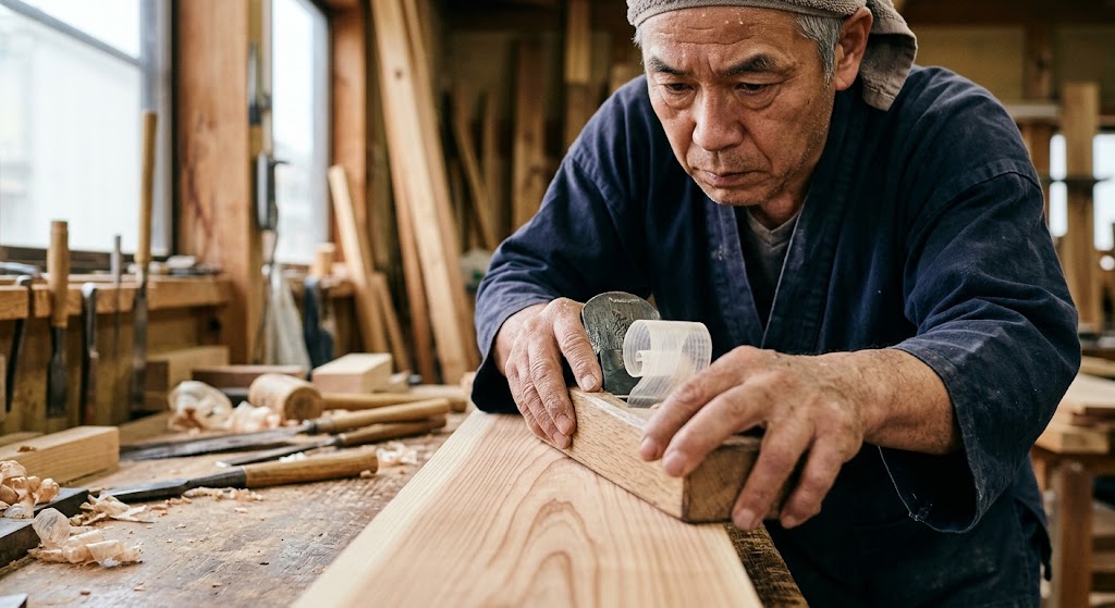 真剣な表情をした大工さんが、木の板にカンナをかけて少しずつ削っている手元のアップ。頭で覚えるだけでなく、体が完全に覚えるまで何度も同じ作業を繰り返して技術を磨く職人のような地道な姿を示す実写風画像。