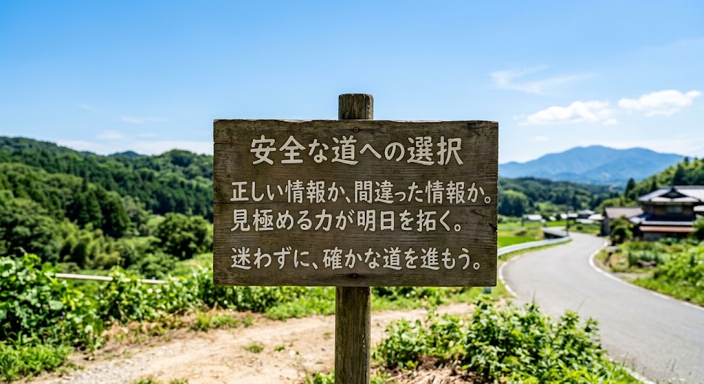 明るい青空の下に立てられた、道しるべとなるシンプルな木の看板。正しい情報と間違った情報を見極め、安全な道を選択することの重要性を表現した、さわやかで迷いのない実写風画像。