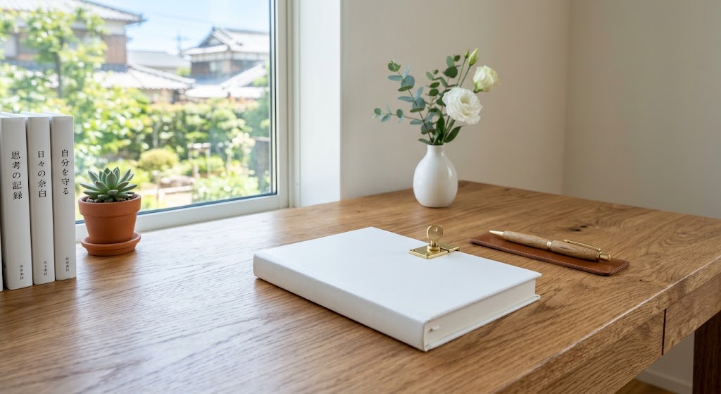 きれいに整理された木のデスクの上に、鍵のかかった真っ白な日記帳が置かれている。自分の大切な記録や思考は他人に安売りせず、自分自身で守り育てるべきだというメッセージを込めた、シンプルでさわやかな実写風画像。