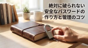 朝の明るい光が差し込む清潔な木のデスクの上に、分厚い革張りのノートと頑丈で美しい金属の南京錠が置かれている。自分の大切な情報をしっかりと自分の手で守り抜くという、安心感と前向きな決意を感じさせるシンプルでさわやかな実写風画像