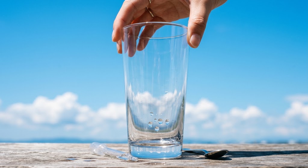 明るい青空を背景に、透明で美しいグラスの中にほんの数滴の水だけが入っている様子。いくら回数を重ねて努力しても求めている成果には到底届かないという、極小単価の徒労感を表現したシンプルでさわやかな実写風画像。