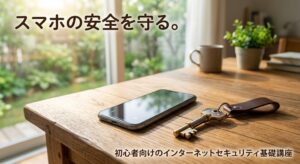 朝の明るい光が差し込む木のテーブルの上に、スマートフォンと頑丈で美しい金属の鍵が一つ置かれている。日常の身近なツールを安全に守り、安心してインターネットを楽しむための前向きなイメージを感じさせる、シンプルでさわやかな実写風画像