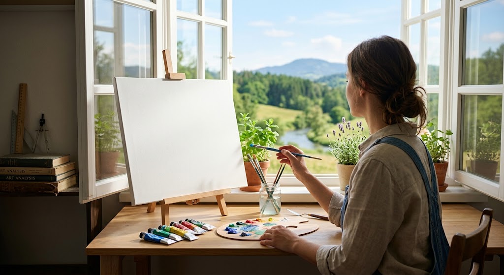 明るい窓辺に置かれた、真っ白なキャンバスと絵の具。誰かに分析されるだけの受け身の姿勢を卒業し、自分の手で新しい価値を描き始める前向きでさわやかな実写風画像。