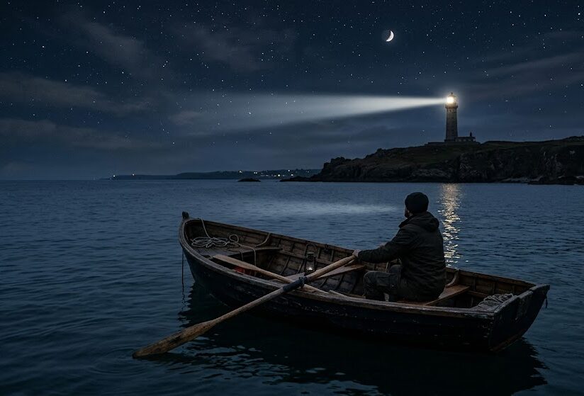 夜の穏やかな海に浮かぶ小さな手漕ぎボートから、遠くに見えるしっかりとした灯台の光を見上げている風景。怪しい情報や一攫千金の誘惑に惑わされず、正しい知識という安全な光を見極めて進む重要性を表現した実写風画像。