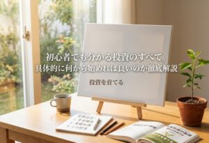 朝日が差し込む明るいデスクに、真っ白なキャンバスと小さな緑の苗木が置かれている。新しい知識を吸収し、これから自分の手で資産を少しずつ育てていく前向きな決意と希望を感じさせる実写風画像