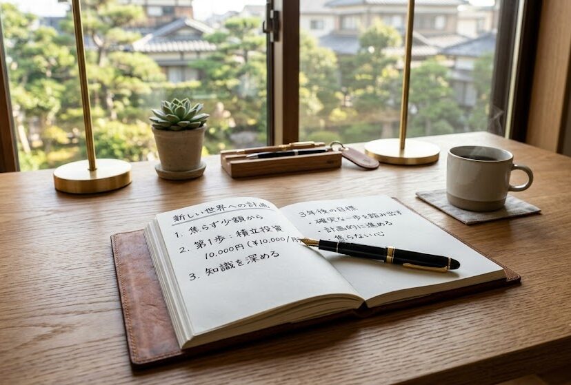 きれいに整理された木目のデスクの上に置かれた分厚いノートと、一本の上質な万年筆。焦ることなく少額から自分の計画を丁寧に書き記し、新しい世界へ確実な一歩を踏み出す堅実な意志を示す実写風画像。