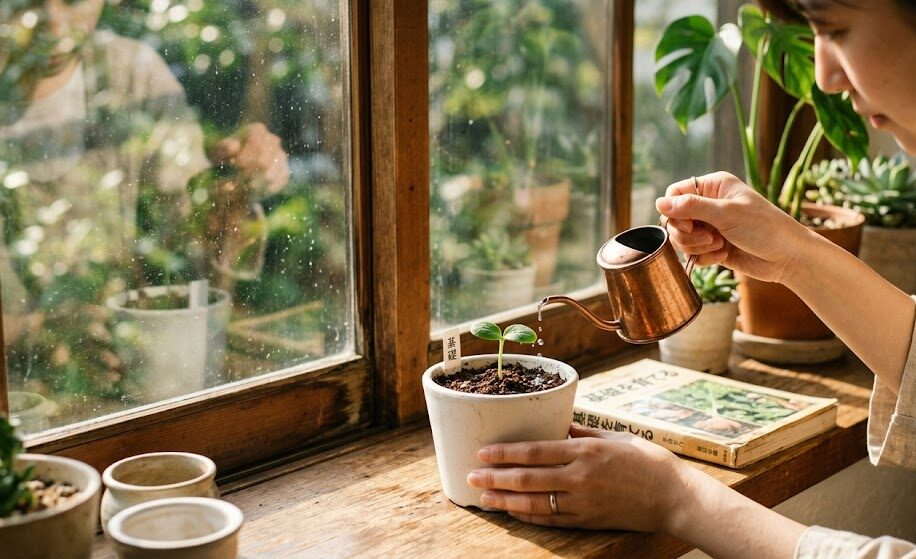 温かい陽光が差し込む窓辺で、真っ白な陶器の鉢に植えられた小さな緑の双葉に、丁寧な手つきで水が与えられている。いきなり大きなお金を動かそうと焦るのではなく、自分の適性を確かめながら基礎という根っこをしっかりと育てることの大切さを表現した実写風画像。