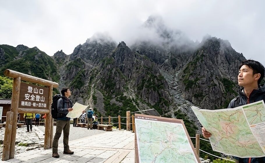 綺麗に整備された安全な登山口から、雲に覆われた険しく果てしない岩山を見上げている風景。手元には立派な地図があるものの、実際にその急斜面を登り切るためには自分自身の体力と精神力が必要であることを表現した、明るくも厳しい自然の実写風画像。