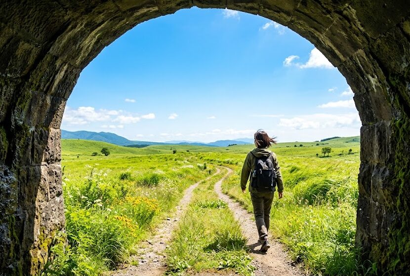 薄暗いトンネルを抜け、その先に見える眩しいほどの青空と広がる草原。間違った道から勇気を持って引き返し、自分が本当に活躍できる正しい場所へと向かう前向きな希望を感じさせる実写風画像。
