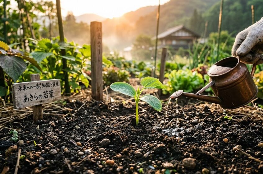 朝の優しい太陽の光を浴びて、柔らかい土から少しずつ葉を広げている若葉。一朝一夕には育たないが、毎日丁寧に時間をかけることでゆっくりと確実に未来の資産と知識が育っていく前向きな実写風画像。