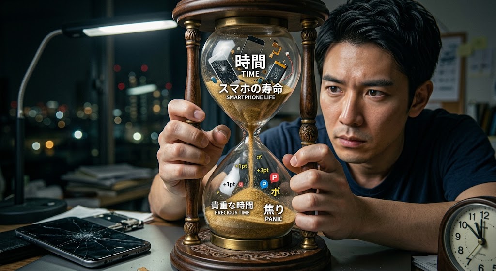 美しいガラスの砂時計の中で、砂がものすごい勢いで下へ落ちていく様子。目先のわずかなポイントを得る代わりに、スマホの寿命と自分自身の貴重な時間が急速に失われていく焦りを感じさせる実写風画像。