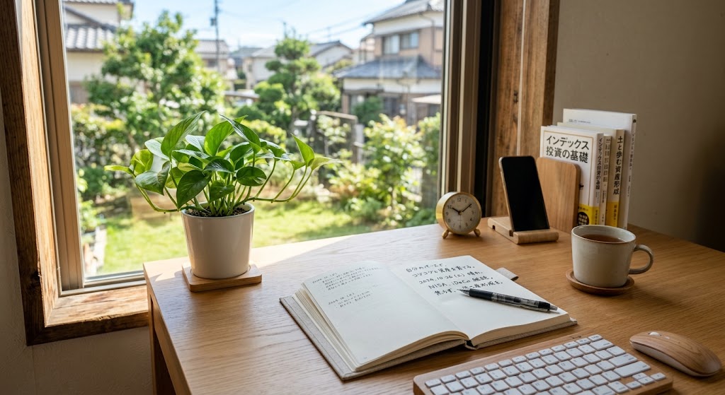 整頓された明るいデスクの上に置かれた、小さな観葉植物と手書きのノート。高いお金を払って近道を探すのではなく、自分のペースで確実な資産を育てていく堅実さを象徴する実写風画像。