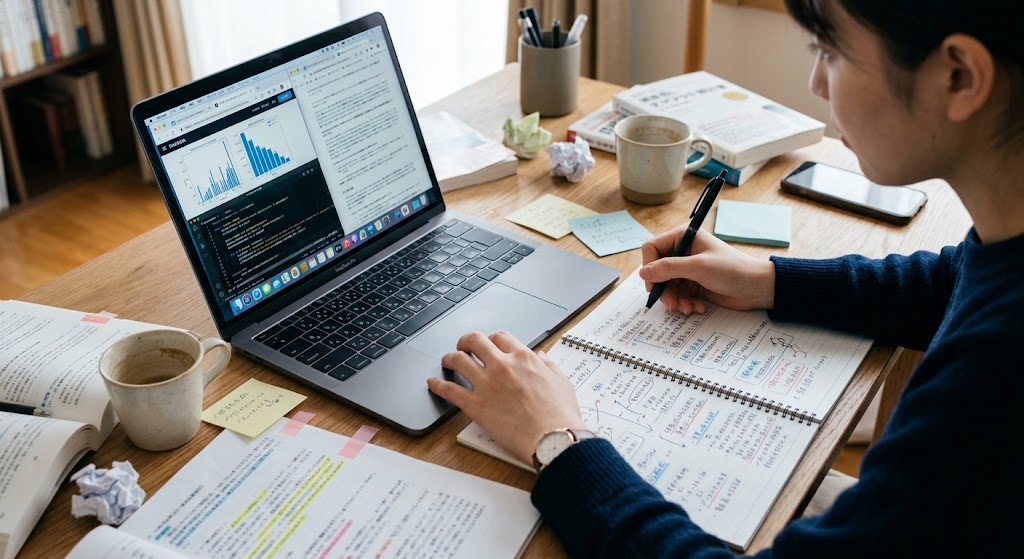 20代から30代の人物が、デスクでノートを開きながら真剣な表情でパソコンを操作している手元の様子。手の甲や指にシワはなく、なめらかな肌質。散らばった情報を自分のノートにまとめ、手を動かして検証する堅実な学習風景を表現した実写風画像。