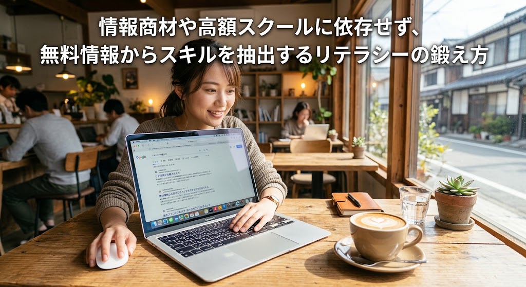 明るい自然光が差し込むカフェのテーブルに、一杯のコーヒーと開かれたノートパソコンが置かれている。高額な教材に頼らなくても、自分の力でインターネットの海から有益な情報を探し出せるという、自由で前向きなリテラシーの力を表現した実写風画像。