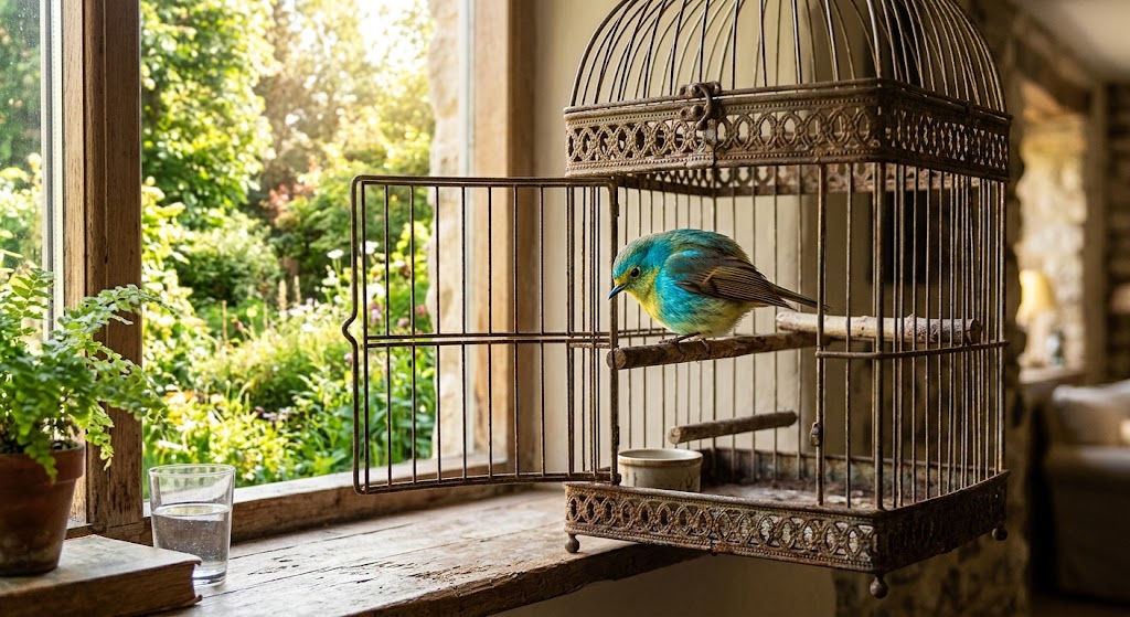 扉が大きく開いた鳥かごの中で、外に出ることをためらって縮こまっている一羽の美しい鳥。自由な世界が目の前にあるのに、自分の力で飛び立つことへの不安と恐怖を感じている様子を表現した実写風画像。