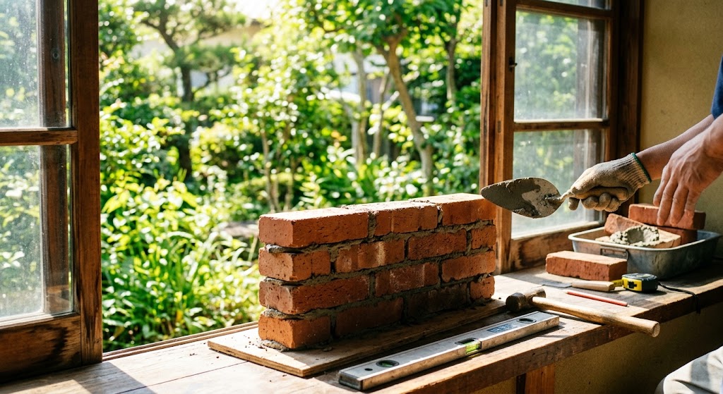 朝の明るい光が差し込む窓辺に置かれた、自分自身で丁寧に積み上げたレンガの小さな壁と工具。他人のルールに怯えることなく、自分の力で確実な資産を築き上げる堅実さと生命力を象徴する実写風画像。