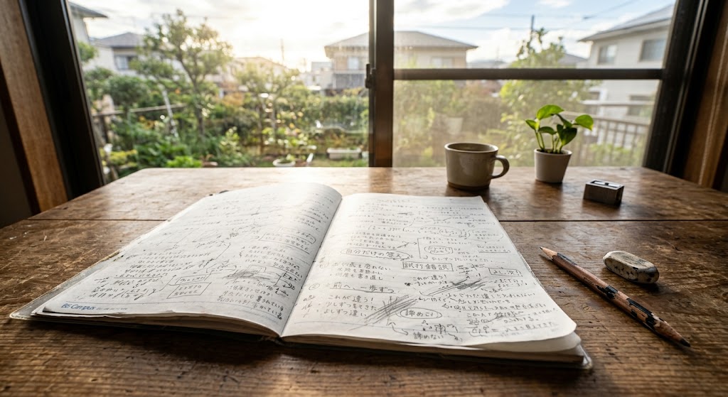 朝の明るい光が差し込む机の上に置かれた、書き込みだらけのノートと少しすり減った鉛筆。失敗を恐れずに何度も書き直し、少しずつ自分だけの答えを見つけていく力強さと前向きさを象徴する実写風画像。