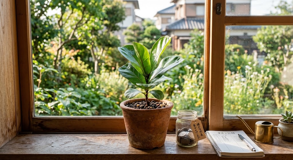 明るい窓辺に置かれた、少しずつ大きくなっている小さな観葉植物。高いお金を払って近道を探すのではなく、自分のペースで確実な資産を育てていくことの素晴らしさを象徴する、生命力を感じる実写風画像。