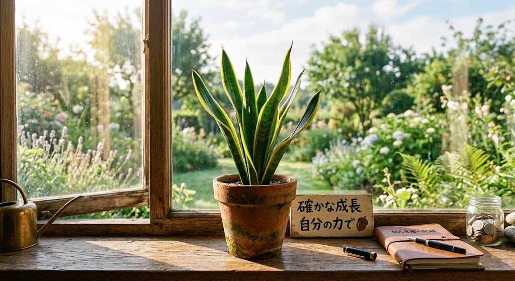 朝の明るい光が差し込む窓辺に置かれた、まっすぐと上に伸びる小さな観葉植物の鉢植え。他人のビジネスを手伝うのではなく、自分自身の力で確実に成長していく資産作りを象徴する、生命力を感じる実写風画像。