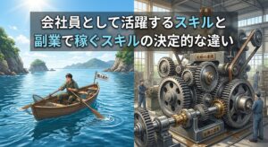 右側には歯車がしっかり噛み合った大きな機械のイラスト、左側には一人で小さなボートを漕いでいる人物のイラスト。会社という大きな組織で働くことと、個人の力でお金を稼ぐことの根本的な違いを分かりやすく伝える、対照的でさわやかな実写風画像