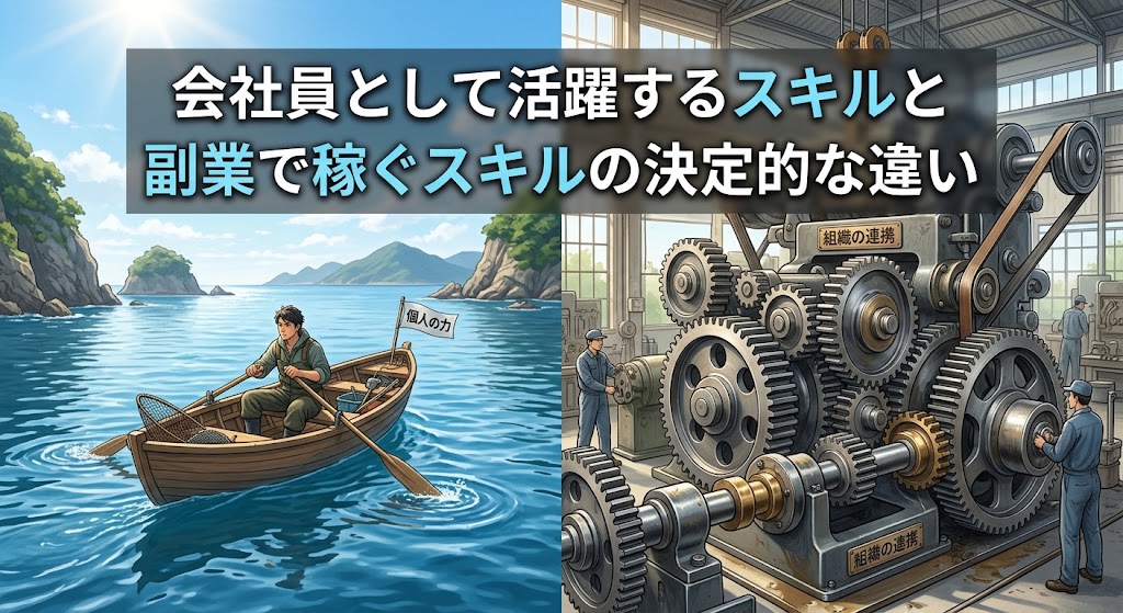 右側には歯車がしっかり噛み合った大きな機械のイラスト、左側には一人で小さなボートを漕いでいる人物のイラスト。会社という大きな組織で働くことと、個人の力でお金を稼ぐことの根本的な違いを分かりやすく伝える、対照的でさわやかな実写風画像