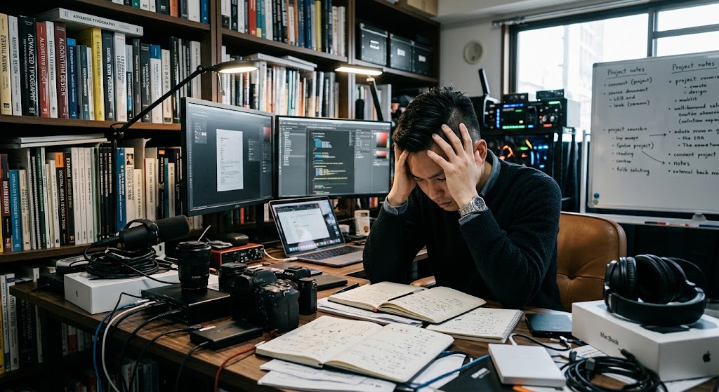 20代から30代の人物が、高価な専門書や豪華な機材に囲まれながらも、どうしていいか分からずに頭を抱えている様子。手の甲や指にシワはなく、なめらかな肌質。お金をかけて環境を揃えても、結局は自分自身の行動力でしか前に進めないという現実を表現した実写風画像。