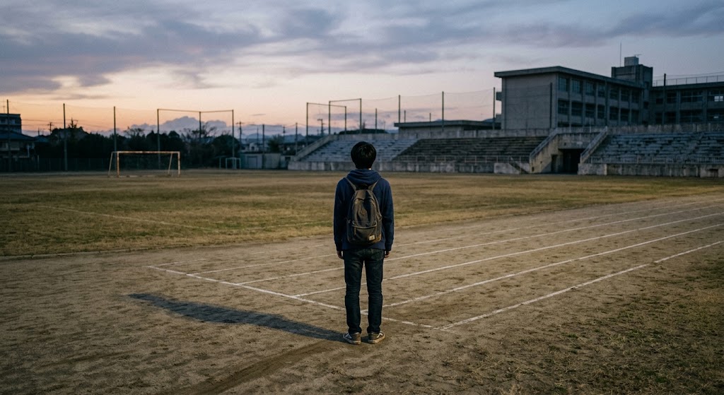 誰もいない広い運動場で、ポツンと一人で立っている人物の後ろ姿。どれだけすごい先生に教わっても、最後は自分のキャラクターと努力だけでファンを集めなければならないという、厳しさと孤独を表現した少し寂しさを感じる実写風画像。