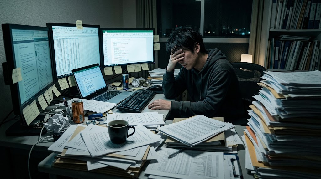 薄暗い部屋で、いくつもの画面が光るモニターの前に積まれた大量の書類と冷めきったコーヒー。キャパシティを超えた作業量を一人で抱え込み、限界を迎える寸前の重苦しい疲労感を表現した実写風画像。