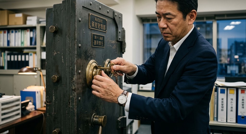とても重そうな大きな金庫の前に立ち、鍵を開けようとしている人物の手元。自分のお金ではなく、他人の会社の大切なお金を預かって運用するという責任の重さと、簡単には手を出せない厳しさを表現した実写風画像。