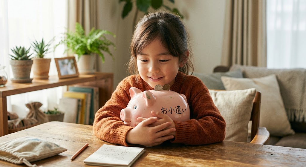 お小遣いが入ったブタの貯金箱を、両手でしっかりと抱きしめている様子。大きなお金を使う前に、本当に自分にとって必要なのかを冷静に考えることの大切さを伝える、あたたかみのある実写風画像。