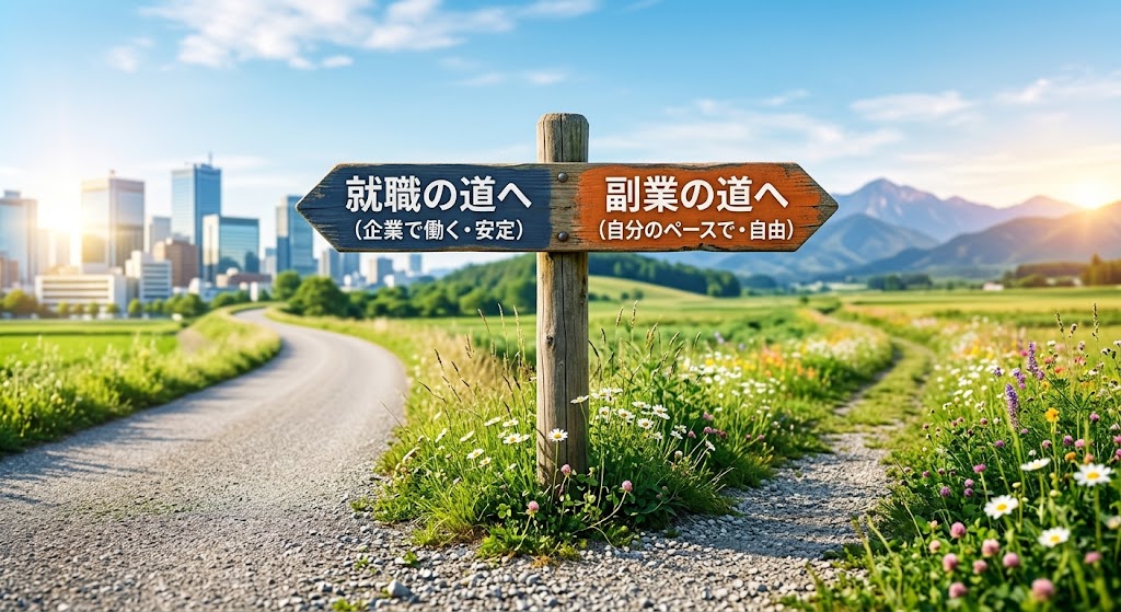 別々の方向へ伸びている二つの分かれ道を示す標識。就職を目指す道と、自分のペースで副業をする道、目的によって選ぶべき方向が全く違うことを伝える、さわやかで希望を感じる実写風画像。