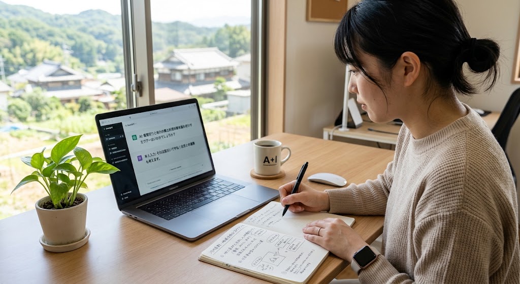 整頓されたデスクの上で、ノートパソコンのAIチャット画面を見ながら、手元のノートに自分のアイデアを書き足している様子。20代から30代の人物のなめらかな手元で、手の甲や指にシワはない。テクノロジーの力と人間の思考を掛け合わせて新しい価値を生み出す前向きな作業風景。