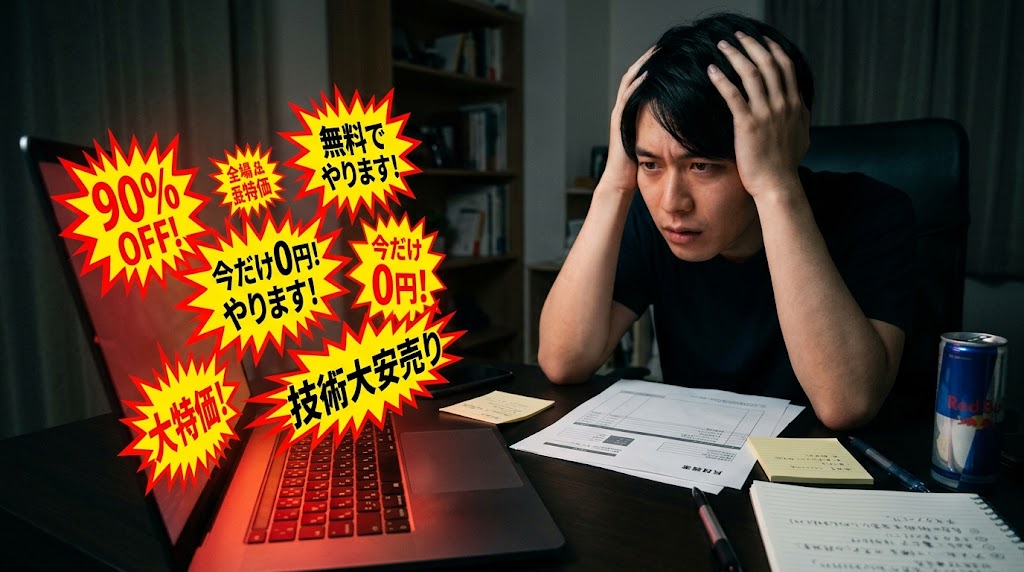 スーパーのタイムセールの値札のように、パソコンの画面から90パーセントオフ、無料でやりますという文字が飛び出している様子。自分の技術を安売りしなければ生き残れない価格破壊の恐ろしさを表現した実写風画像。